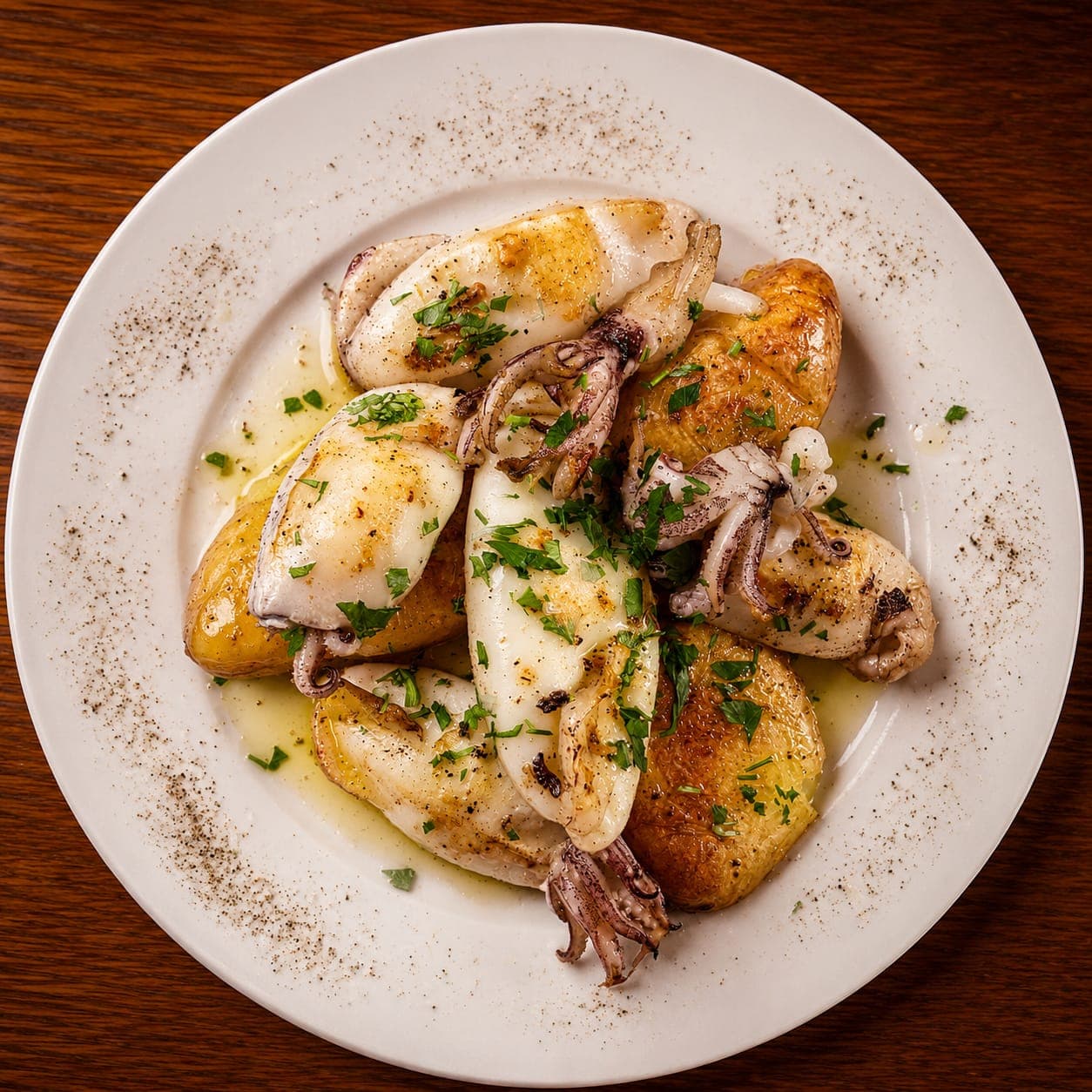 Calamar a la plancha con patatas rústicas y perejil