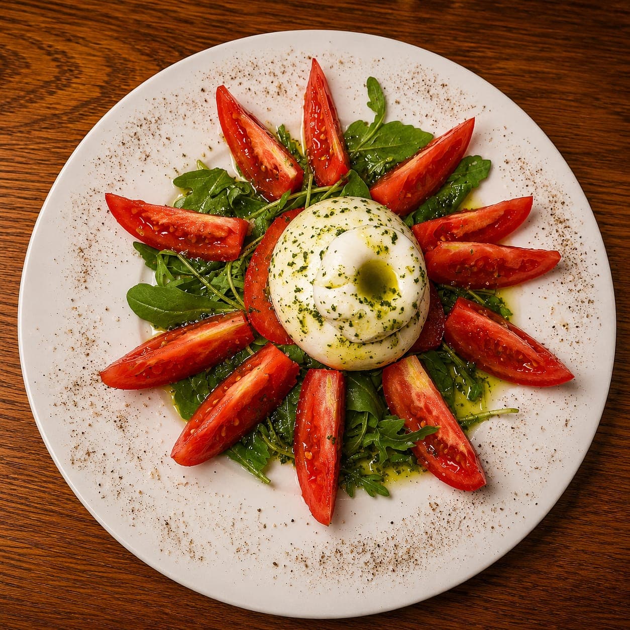 Salade de Burrata: burrata cremosa sobre rúcula, rodeada de tomate fresco