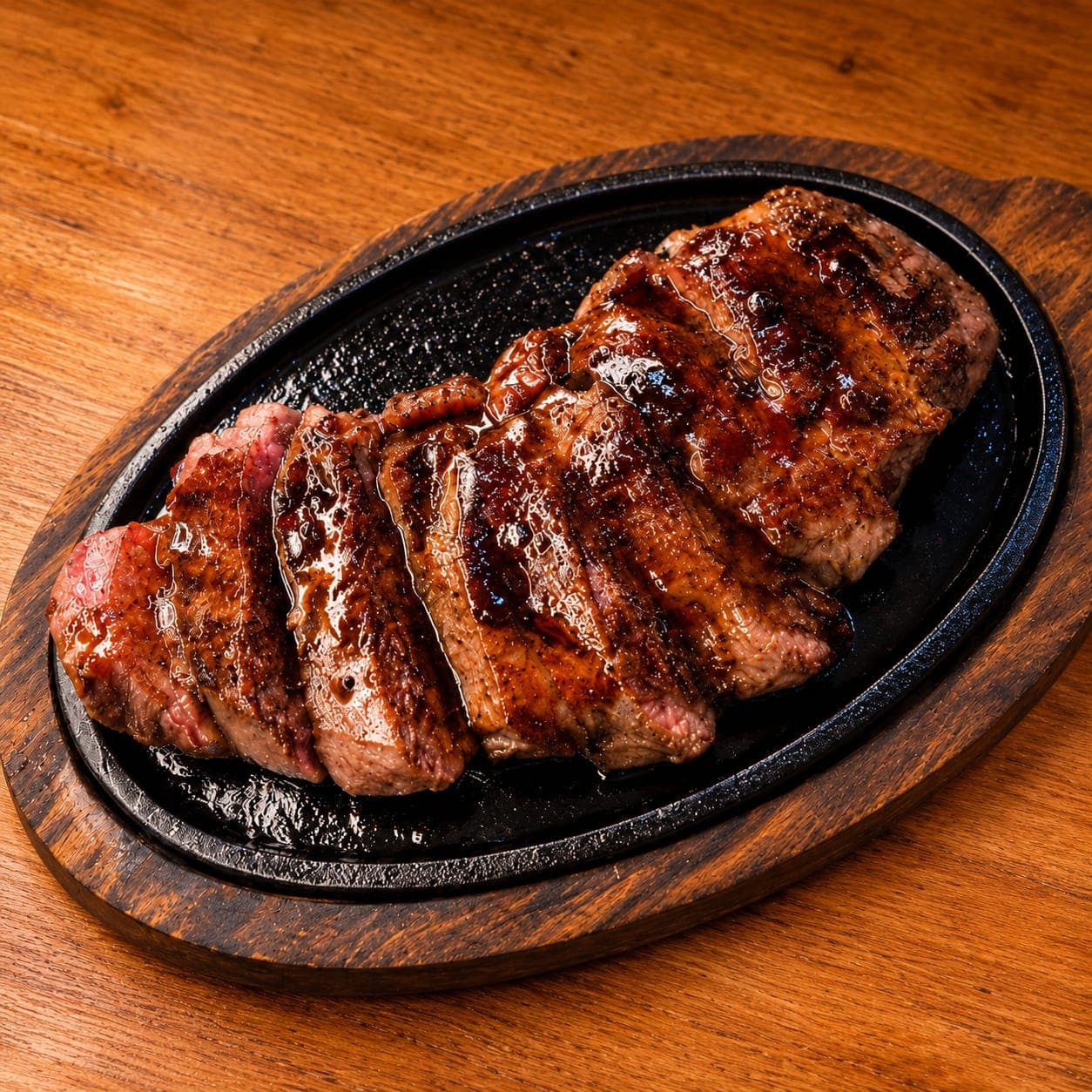 Entrecôte de buey a la plancha, cortado y servido en plancha de hierro caliente
