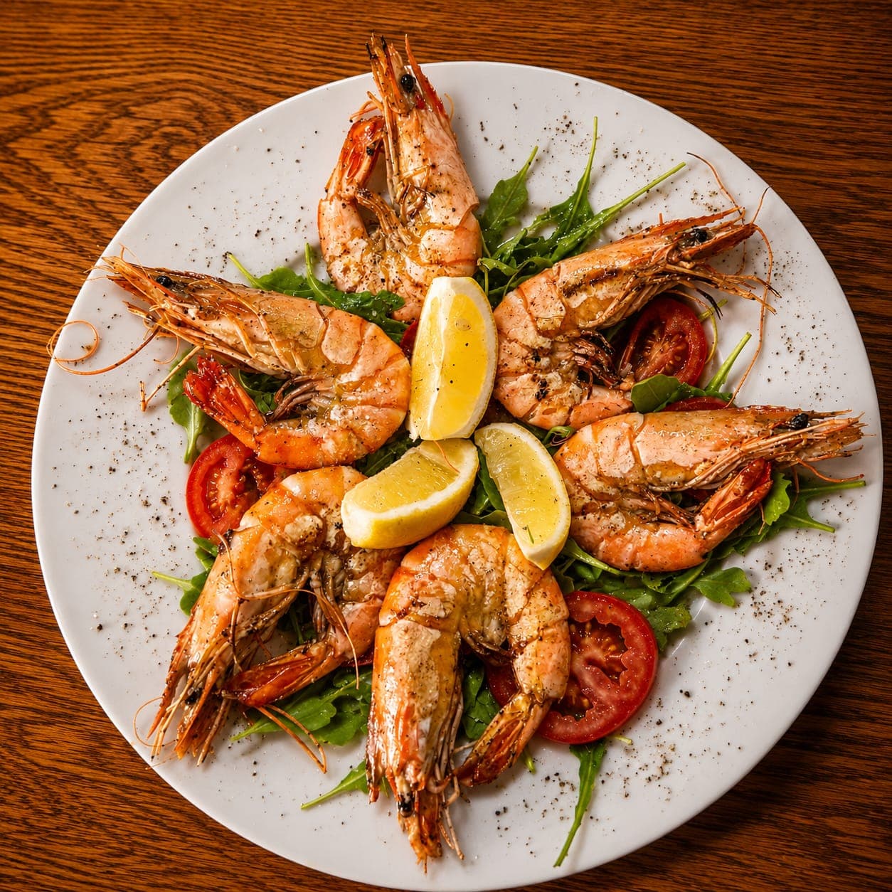 Gambones a la plancha sobre un fondo de rúcula, con tomate y limón