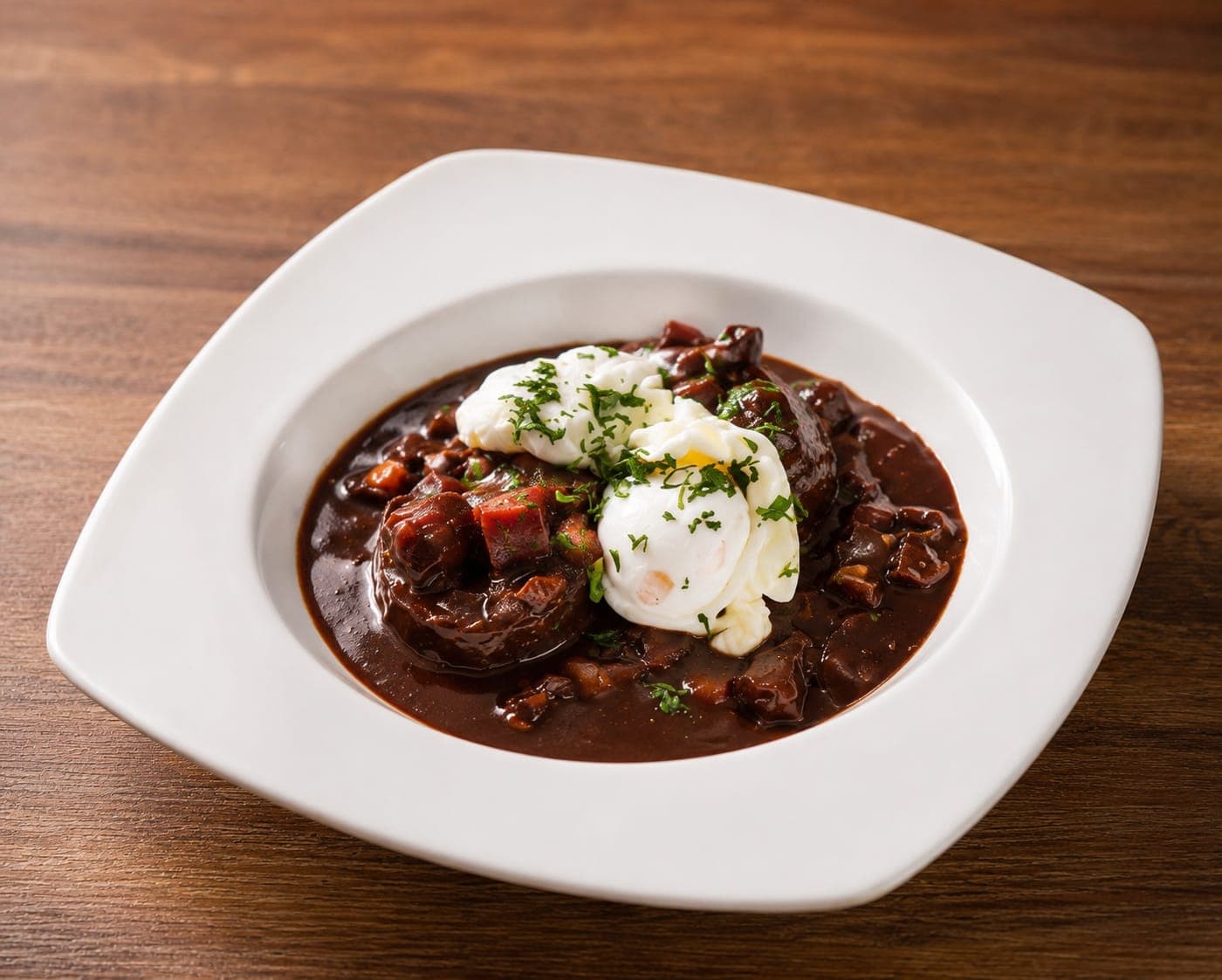 Œufs en meurette: huevo escalfado con salsa de vino tinto, champiñón de París y lardons