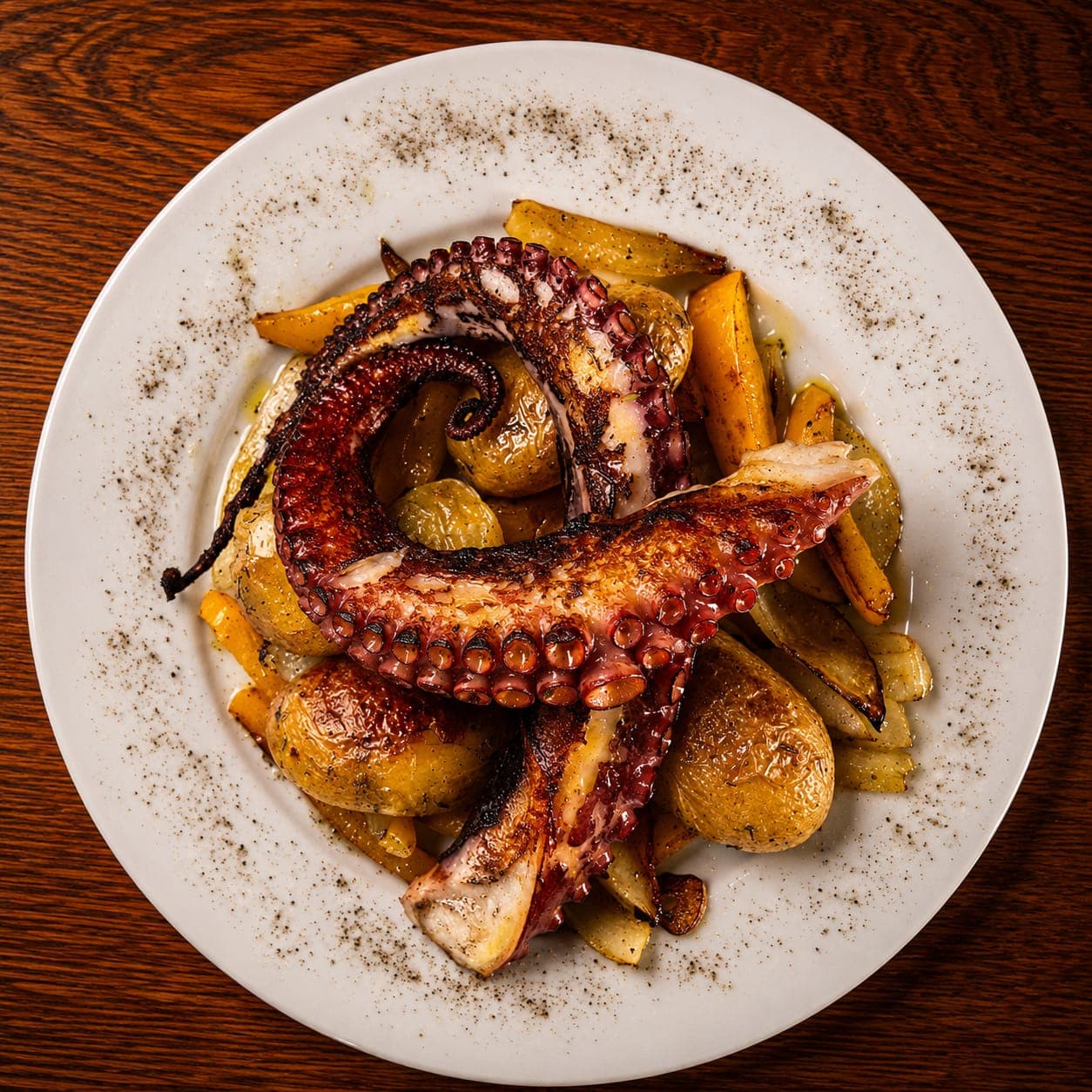 Pulpo a la plancha sobre patatas rústicas